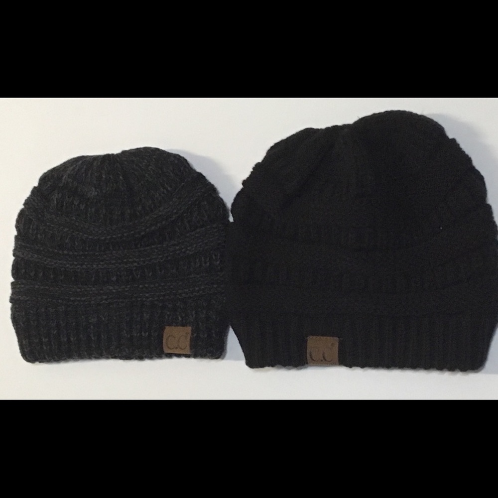 2 C.C. knitted beanies. One black and one gray.